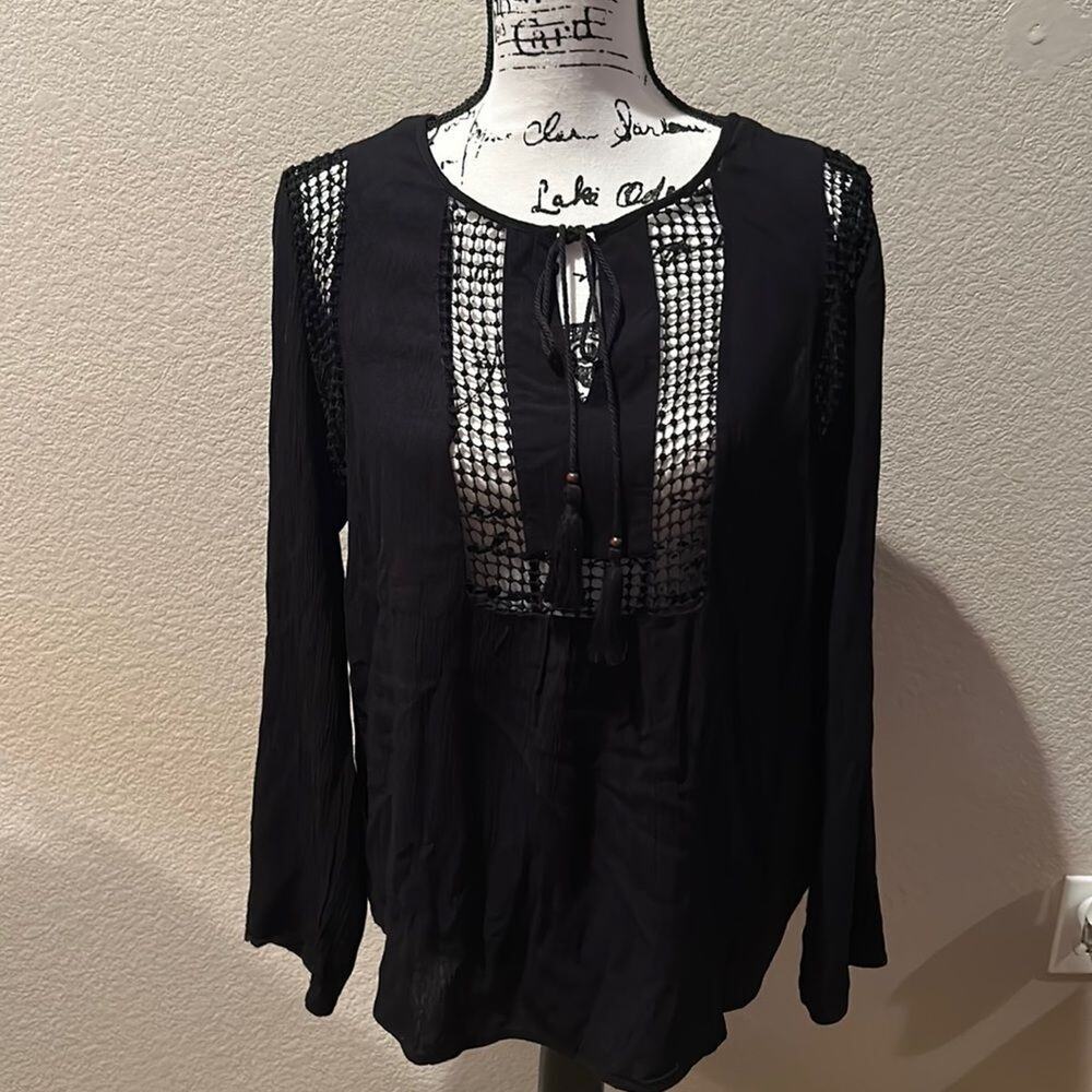 Joseph A Black Gauzy Long Sleeve Crotchet Boho Top Sz M
